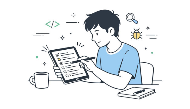 A young programmer working on a tablet with coding symbols around him