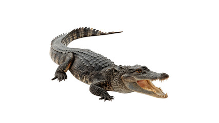 Fototapeta premium Crocodile showing its teeth while resting isolated on transparent background cut out 