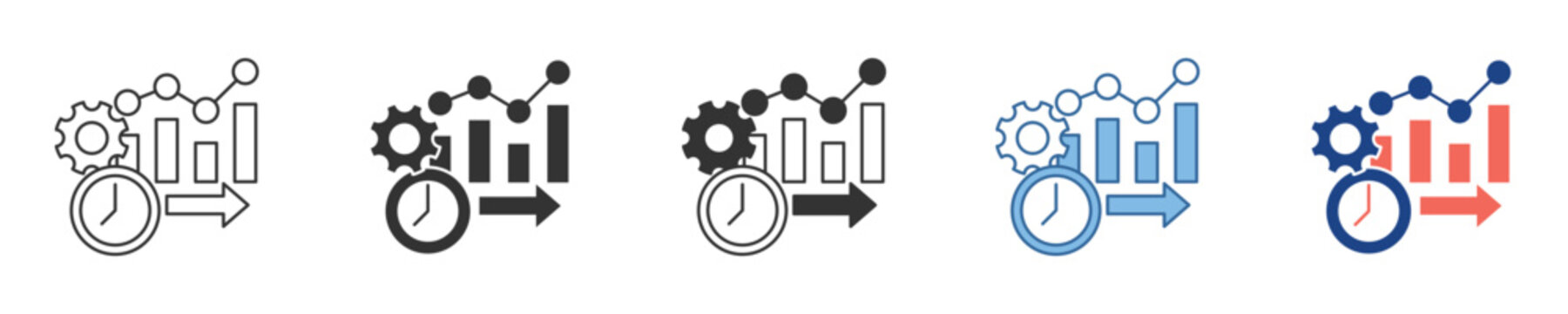 Set of vector icons for business productivity and operational efficiency, illustrating performance growth, time management, process optimization, and data analysis strategies