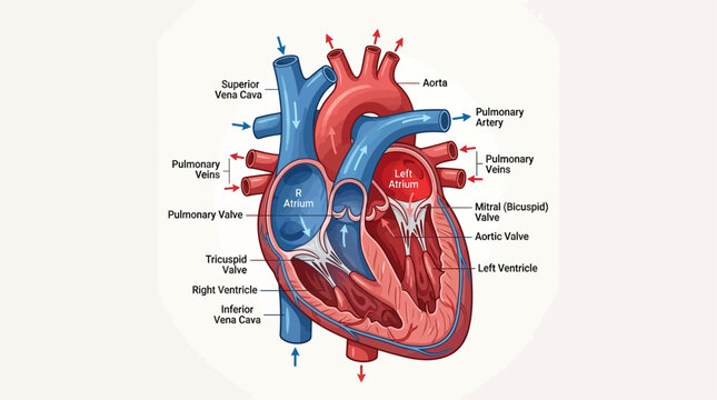 Detailed illustration of a human heart showing internal anatomy and blood flow