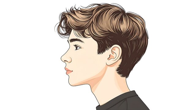Illustration of a fair-skinned person with fluffy, highlighted, wavy dark hair in a side-view portrait