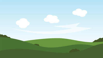 Fototapeta premium green field and fluffy cloud on blue sky. landscape cartoon scene background 