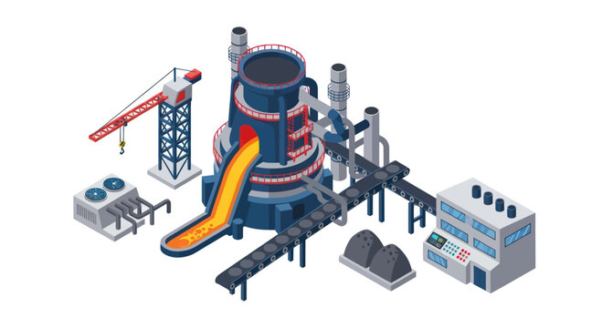 Isometric Steel Mill Production Plant with Blast Furnace and Crane.