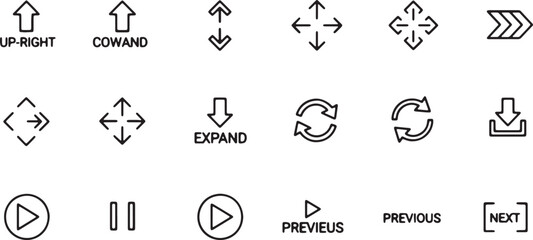 Fototapeta premium Collection of modern interface icons including directional arrows playback controls expand buttons and navigation signs in minimalist thin line style.