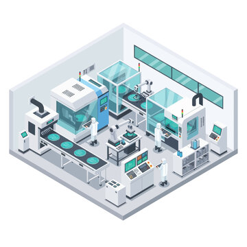 Modern Automated Manufacturing Facility with Robotic Arms and Cleanroom Environment.