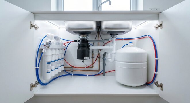 Reverse osmosis water filtration system installation under white kitchen sink cabinet. Multi-stage purification technology with storage tank and color tubes for domestic supply.