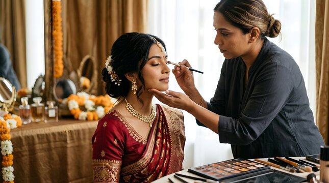 Bridal makeup artist applying cosmetics to Indian bride in traditional attire, wedding preparation moment, beauty transformation, cultural ceremony styling, professional makeup session in festive 