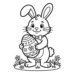 Obraz premium Cute rabbit holding Easter egg surrounded by flowers in spring coloring pages