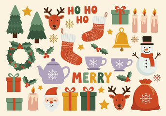 Festive Christmas Icon Set - Flat Illustration Holiday Elements with Santa, Reindeer, and Snowman © Fery