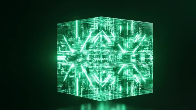 Futuristic green data cube rotating in dark space, close up