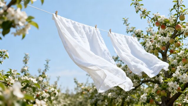 White linen laundry drying on a clothesline in a blooming apple orchard under a clear blue sky