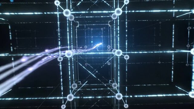 Glowing blue lines intersect in a futuristic grid structure