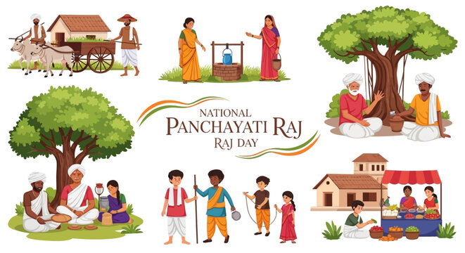 Illustrations showcasing the Panchayat system concept for National Panchayati Raj Day depicting rural life in India, from farming and water access to community meetings and local markets