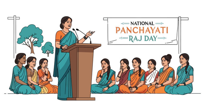 Against a clean white backdrop, an illustration depicts a woman giving a speech for National Panchayati Raj Day, in a celebration of rural governance and grassroots democracy