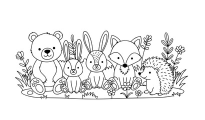Cute forest animals coloring page bear rabbit fox hedgehog kids black and white vector illustration © MstKamrun