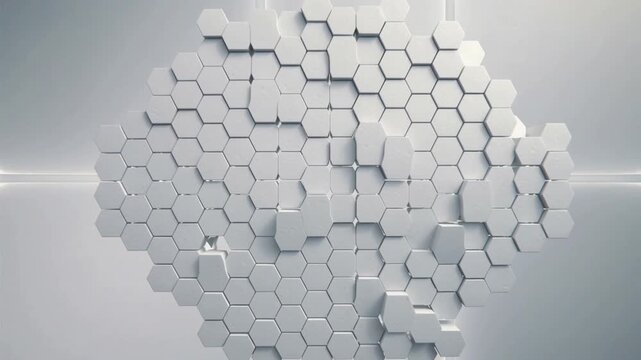 Grey hexagonal tiles form a heart shape on a gradient background