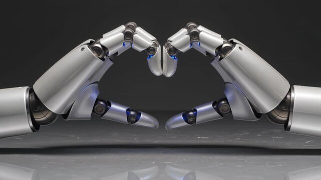 Futuristic metallic robotic arms forming a perfect heart shape, symbolizing artificial intelligence love, connection, and caring technology.