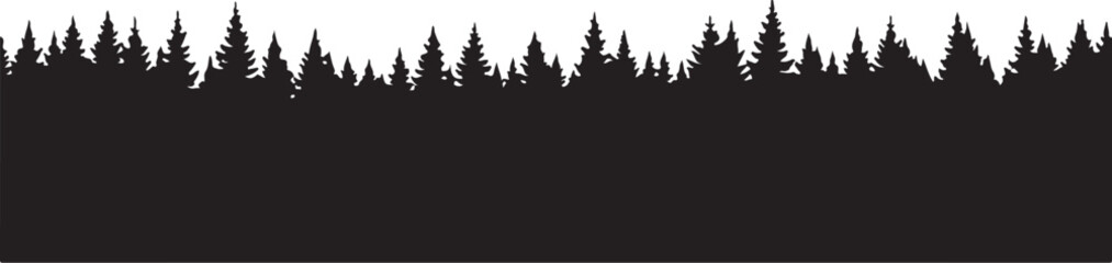 Obraz premium Evergreen forest, tree silhouettes, landscape border, nature scene, black and white