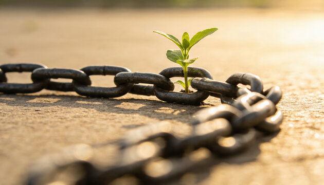 Green plant sprout growing through dark metal chain, symbolizing hope, resilience, and new life breaking free from strong constraints