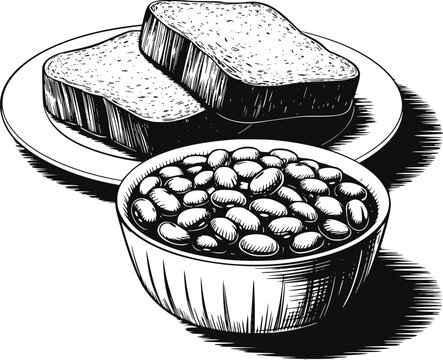Black and white of baked beans in a bowl with toast a plate bread