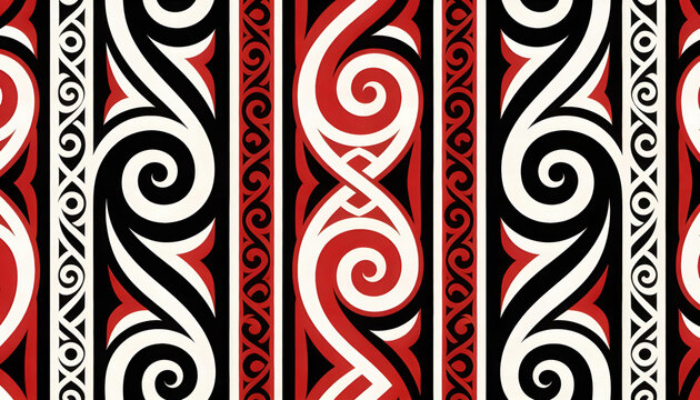 New Zealand Maori koru tribal pattern in red, black and white ornamental design. 