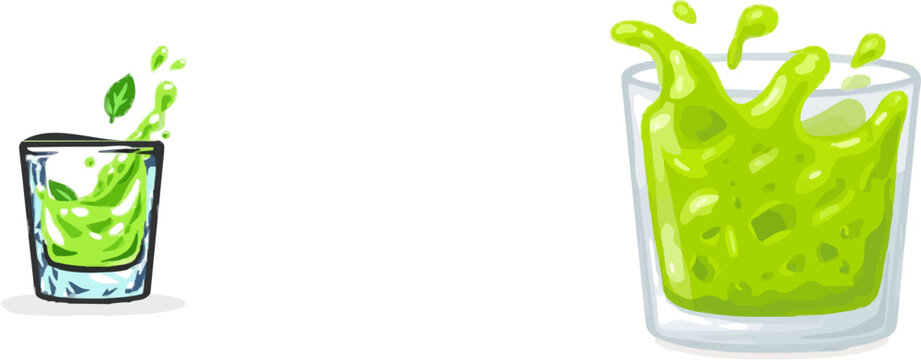 A minimalist flat design features a crystal glass filled with a vibrant green elixir, adorned with mint leaves, against a clean white background