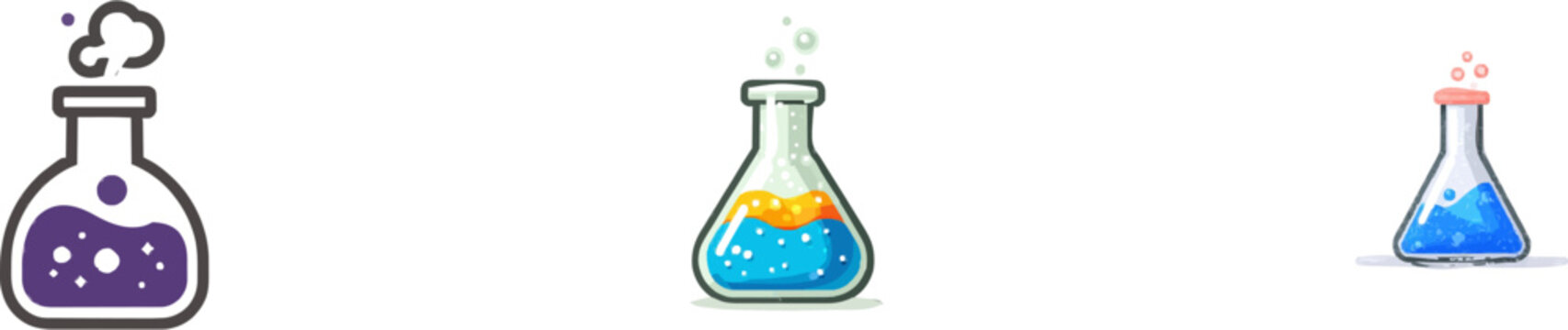 A minimalist flat 2D graphic of a chemistry beaker with a violet liquid producing a white foam head, set against a clean, vibrant background