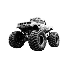 Halftone illustration of a monster truck with oversized tires, isolated on white background, retro dotted style, symbol of power, off-road driving and extreme motorsport. © Ксения Раневская