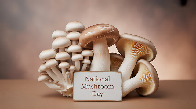 Assorted mushrooms displayed with a sign reading 'National Mushroom Day' on a wooden surface
