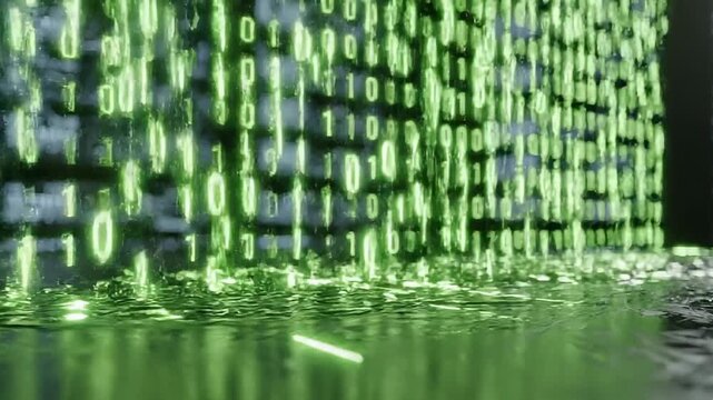 Green binary code falling in a data center, tracking shot