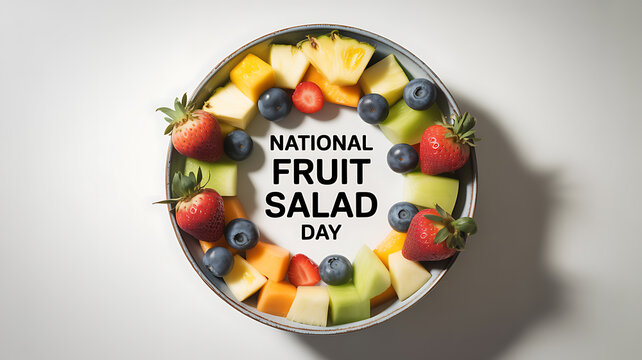 A colorful fruit salad arranged in a circular pattern with strawberries, blueberries, pineapple, and melon, celebrating National Fruit Salad Day.