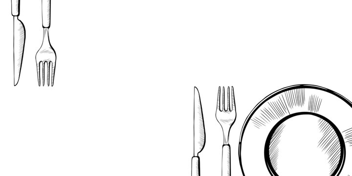 Tableware corner frame in minimalist black and white vector line art. Top view plate with knife and fork for restaurant menu layout, wedding dinner invitation and catering branding graphics