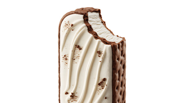Chocolate-coated ice cream bar with bite taken out, revealing creamy vanilla interior and chocolate specks
