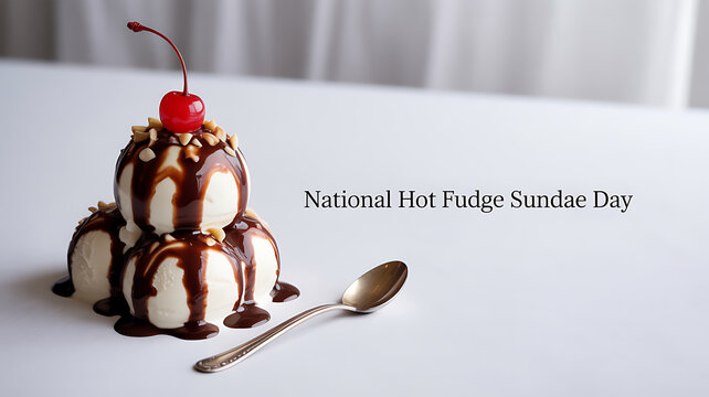 A hot fudge sundae with ice cream, chocolate sauce, nuts, and a cherry on top, served with a spoon on a white surface.