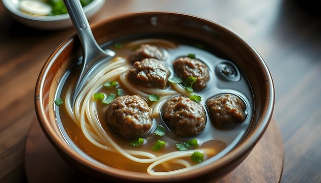 Bakso &ndash; Comfort Food Style. Indonesian bakso meatball soup with noodles and beef meatballs in clear broth, served in ceramic bowl, realistic food photography
