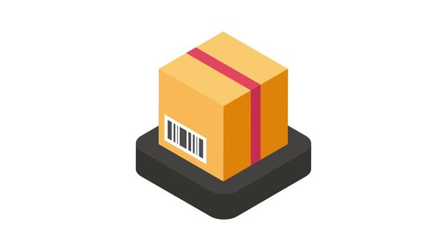 A standard shipping box labeled with a barcode, animated icon of a cardboard