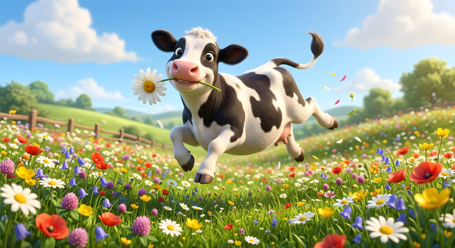 Funny cow jumping happily in a blooming daisy field, cute 3D character design, cartoon farm animal