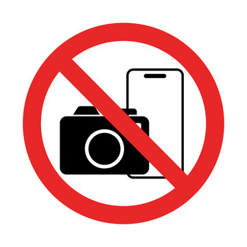 Vector illustration set of no phone and no camera symbols with black icons and red prohibition marks. Concept of restricted use, privacy, and security. Clean flat design isolated background.