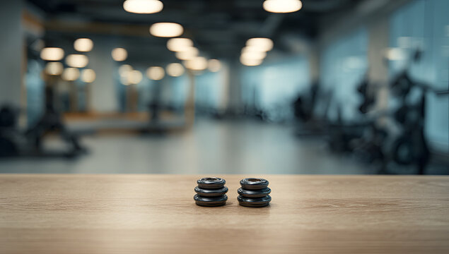 Two stacks of small black weights on a wooden table in a blurred gym background.