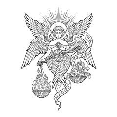 Fototapeta premium Angel of Balance with Fire and Roses Line Art Coloring Page