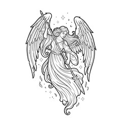 Fototapeta premium Archangel Warrior with Spear Line Art Coloring Page