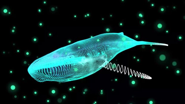 Glowing whale swims through starry digital space