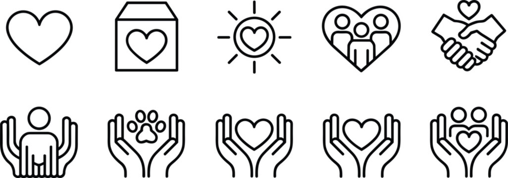 Charity and kindness line icon set featuring vector illustrations of donation box, caring hands, heart symbols, community support, volunteering, and animal welfare for social responsibility projects.