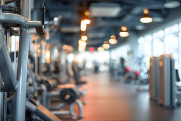 Obraz premium Blurred background of a modern gym with various exercise equipment.
