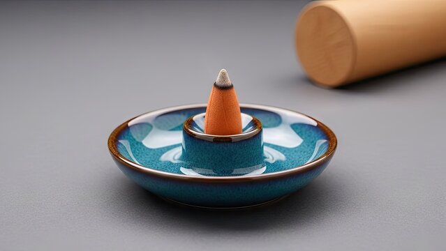 Ceramic incense burner with cone shaped incense and blurred background