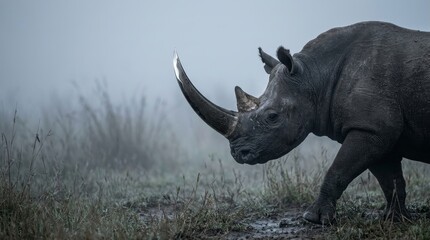 Obraz premium Black rhinoceros with blade horn emerging from mist dramatic wildlife fantasy concept