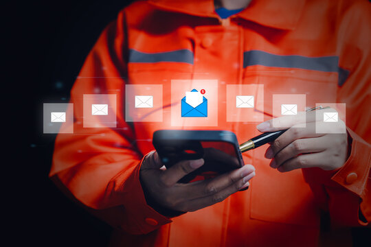 Messaging system concept, user sending email via smartphone with multiple message icons and notification flow, digital marketing automation and communication network