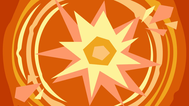 Flat Vector Explosion Background with Circular Shockwave and Sharp Rays | Abstract Minimalist Action Burst Graphic in Orange and Yellow |Comic Style Starburst with Geometric Shapes and Motion Swirls