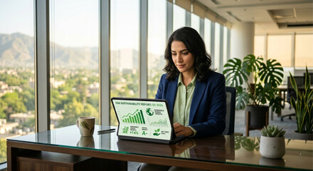 Fototapeta premium Businesswoman monitoring carbon footprint on green financial dashboard