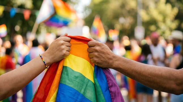 Woman and man holding rainbow flag at pride parade. Couple celebrating lgbtq equality and gay rights movement during street march. Community support and diversity advocacy celebration.